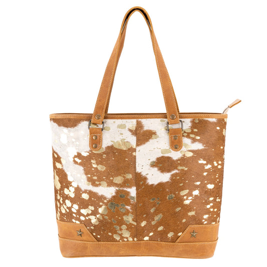 Tan/Gold Leather & Hairon Tote Bag by Sixtease - Effortless Sophistication for Every Adventure! - (SB-3402)