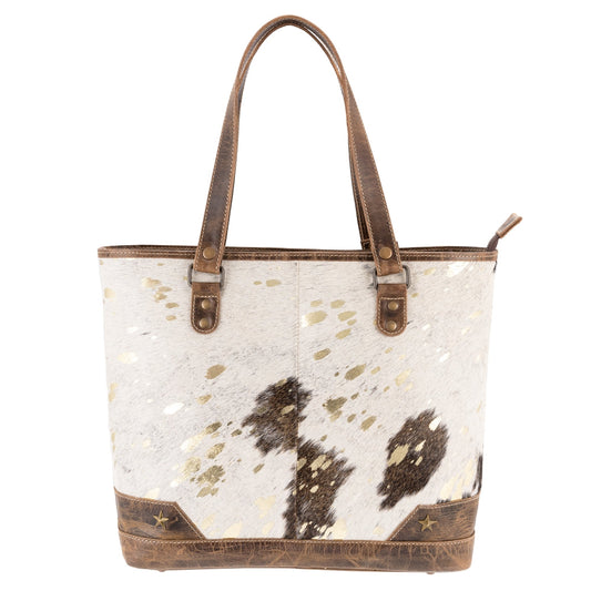 Cola/Gold Leather & Hairon Tote Bag by Sixtease - Urban Chic with a Touch of Glamour! - (SB-3403)