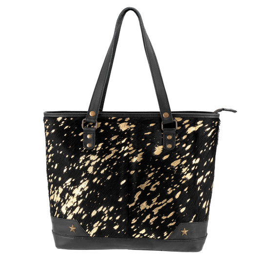 Sixtease Black Gold Leather and Hair-On Tote Bag: Command Attention with Luxe Style and Distinctive Texture, Where Elegance Meets Edge! - (SB-3406)