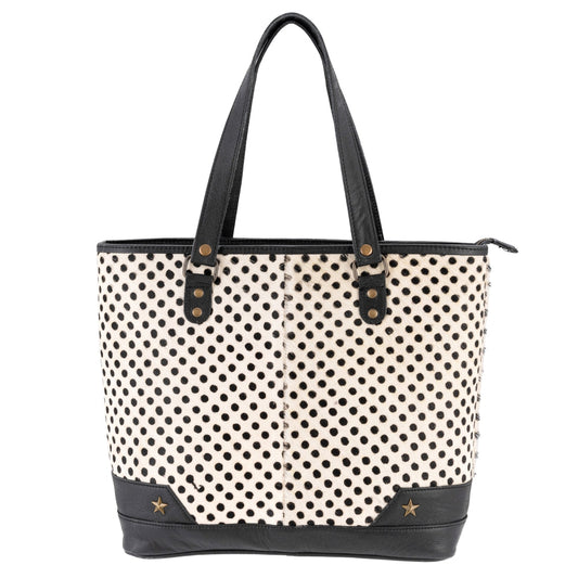 Polka Dot Leather & Hairon Tote Bag by Sixtease - Urban Chic with a Touch of Glamour! - (SB-3408)