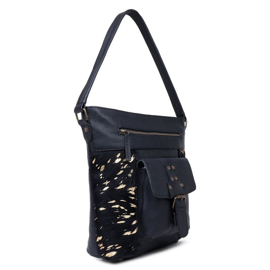 Sixtease's Black/Gold Leather & Hairon Hobo Bag: Timeless Black with Luxe Gold Accents - Effortless Sophistication for Every Outfit!- (SB-3442)