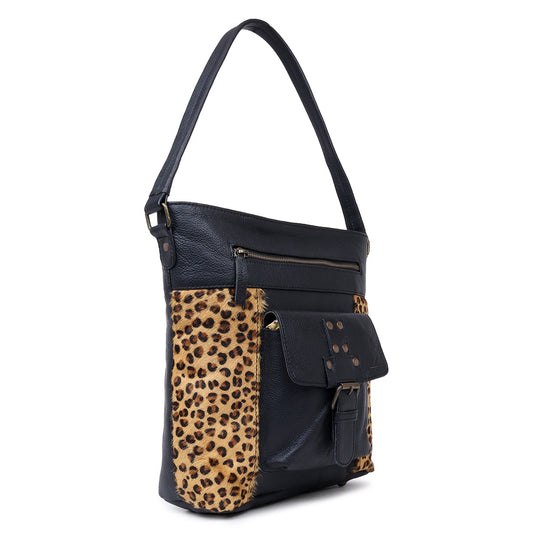 Sixtease's Leopard Print Leather & Hairon Hobo Bag: Wildly Chic Leopard Print on Luxurious Leather - Make a Statement with Every Stride! - (SB-3445)