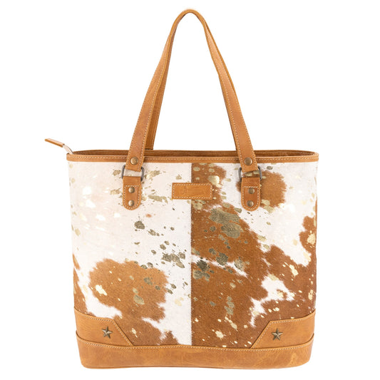 Tan/Gold Leather & Hairon Tote Bag by Sixtease - Effortless Sophistication for Every Adventure! - (SB-3402)