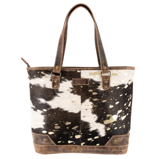 Cola/Gold Leather & Hairon Tote Bag by Sixtease - Urban Chic with a Touch of Glamour! - (SB-3403)