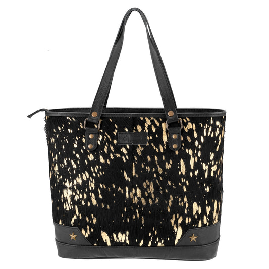 Sixtease Black Gold Leather and Hair-On Tote Bag: Command Attention with Luxe Style and Distinctive Texture, Where Elegance Meets Edge! - (SB-3406)