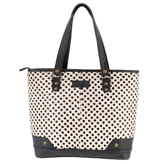 Polka Dot Leather & Hairon Tote Bag by Sixtease - Urban Chic with a Touch of Glamour! - (SB-3408)