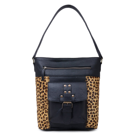 Sixtease's Leopard Print Leather & Hairon Hobo Bag: Wildly Chic Leopard Print on Luxurious Leather - Make a Statement with Every Stride! - (SB-3445)