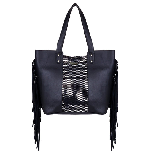 Sixtease's Shimmering Silver Tote Bag: Sleek Leather, Elegant Black Hair Detail - Sparkle Your Way Through Everyday Adventures! (SB-7011)