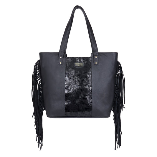 Sixtease's The Black Magic Tote Bag: Sophisticated Leather, Enchanting Hair Detail - Carry Charm and Elegance Everywhere You Go! (SB-7014)